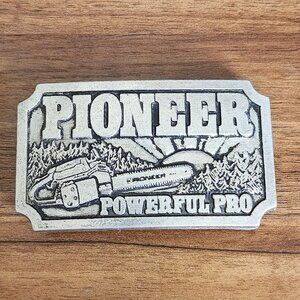 Vintage Pioneer Chainsaw Belt Buckle Powerful Pro Design Silver Tone Metal